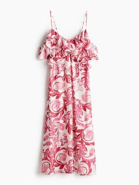 NWT H&M Romantic White Raspberry Pink Floral Flounce Midi Dress - S